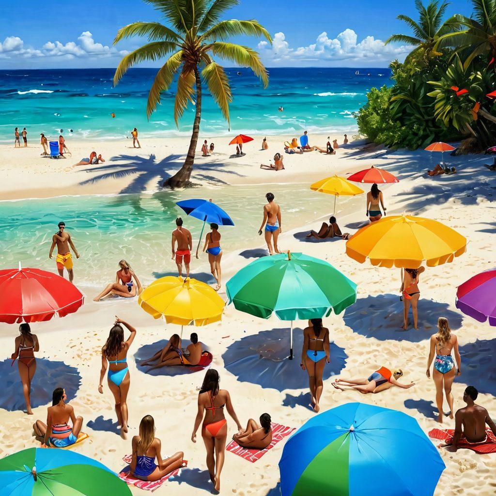 A lively beach scene showcasing a diverse group of people in vibrant, stylish swimwear, splashing in crystal-clear water under a bright sun. Include colorful beach umbrellas, tropical palm trees, and beach balls, capturing the essence of summer fun and fashion. The atmosphere should feel energetic and inviting. vibrant colors. super-realistic.