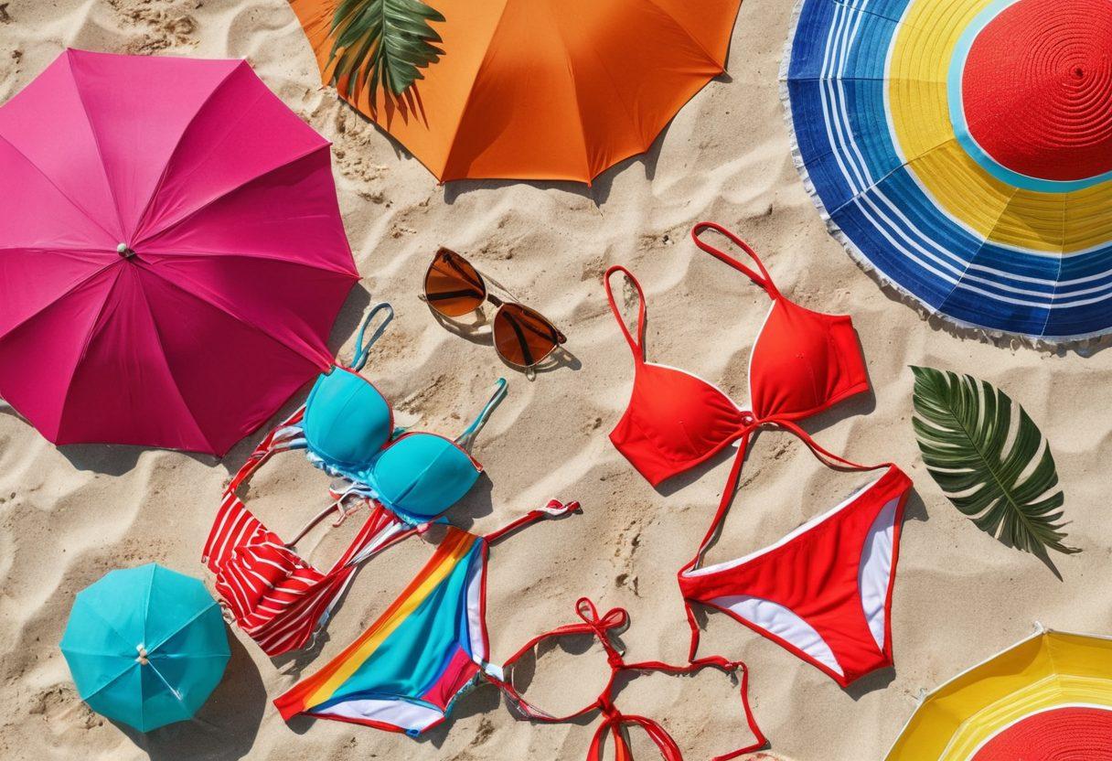 A sun-kissed beach scene with vibrant umbrellas, colorful bikinis on display, and stylish beachgoers enjoying the sun and surf. Showcase an array of trendy bikini styles hanging on a clothesline, alongside beach accessories like sunglasses and hats. Include clear blue skies and gentle waves in the background, evoking a sense of summer fun. flat lay style. vibrant colors. super-realistic.